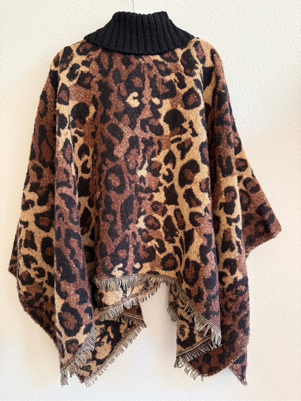 Leopard Print Turtleneck Poncho Sweater - Black Collar
